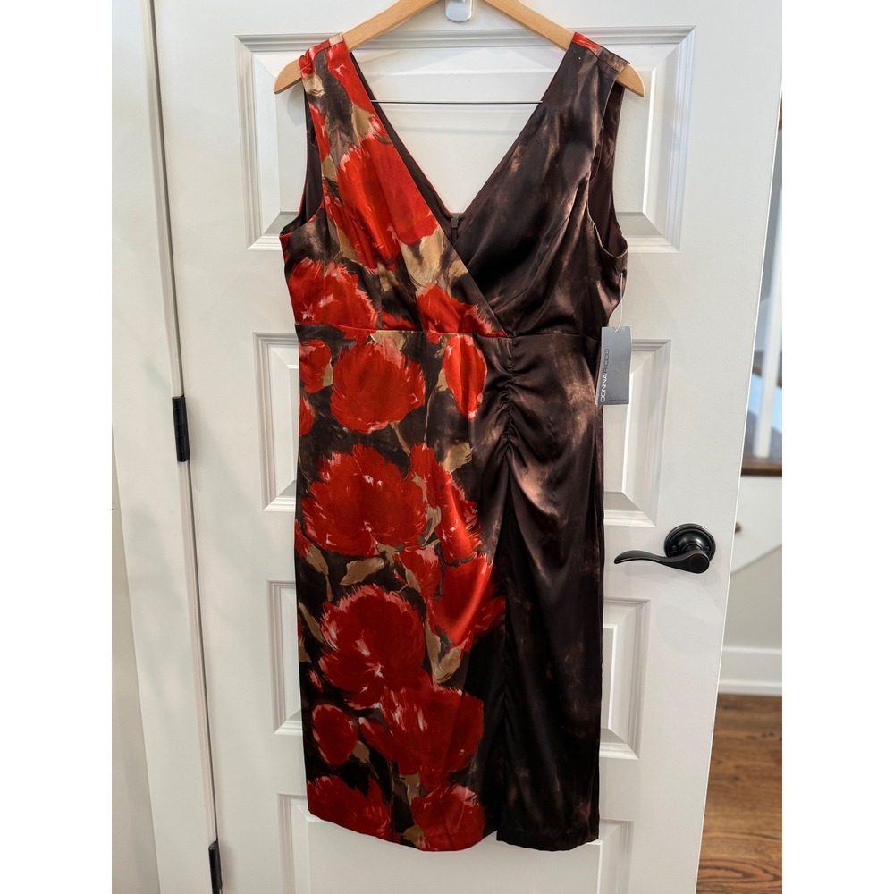 Y2K Donna Ricco Silk Blend Floral Ruched Sheath Dress Chocolate Red 14 Midi